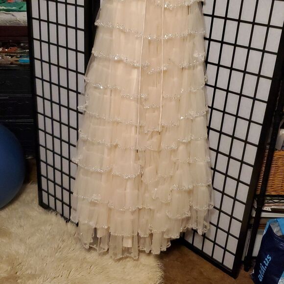 Elegant Strapless Cream A LINE Gown with RUFFLE Sequin Details - Picture 7 of 8